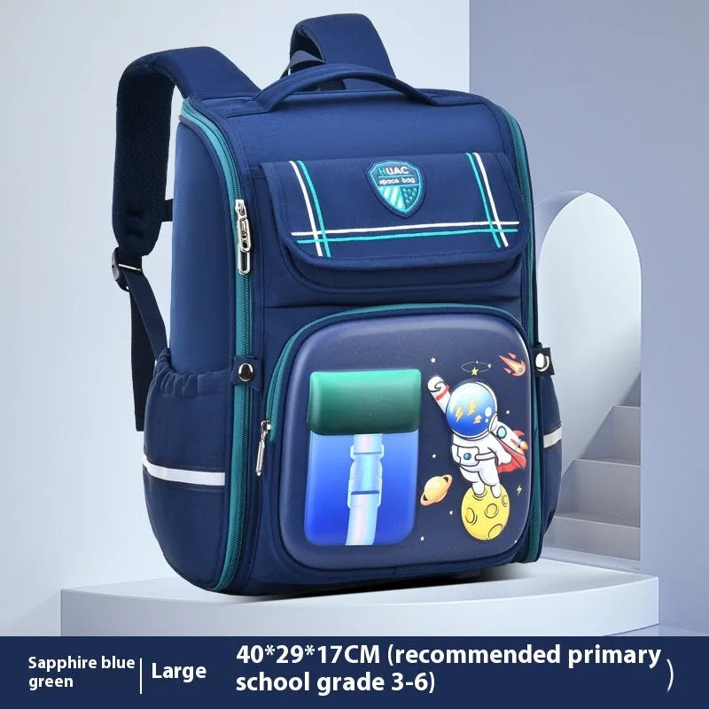 Children's large capacity cartoon backpack with airpillow straps in spaceman blue red colour