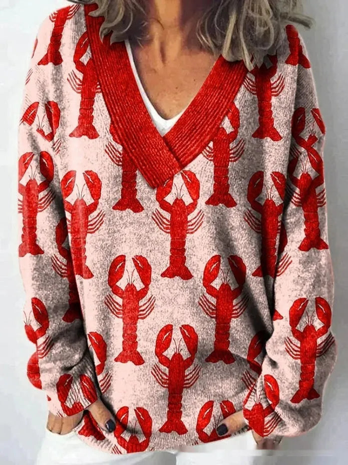 Women's V-neck floral print sweatshirt with 3D pattern and long sleeves