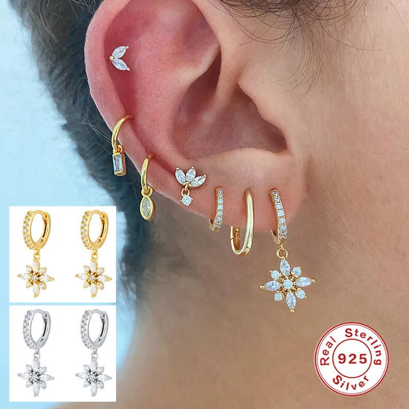 S925 sterling silver snowflake pendant earrings with geometric design in white gold or yellow gold colour