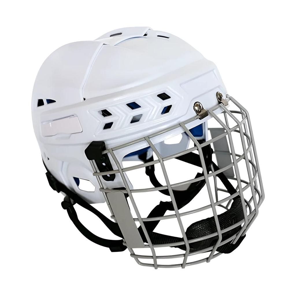 Ice hockey helmet with carbon steel face mask shown in available sizes S, M, L, and XL.