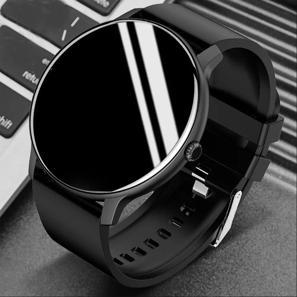 Smart sports watch with circular touchscreen display on a silicone wristband