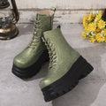 Women's white retro platform boots with patchwork PU upper and chunky rubber sole.