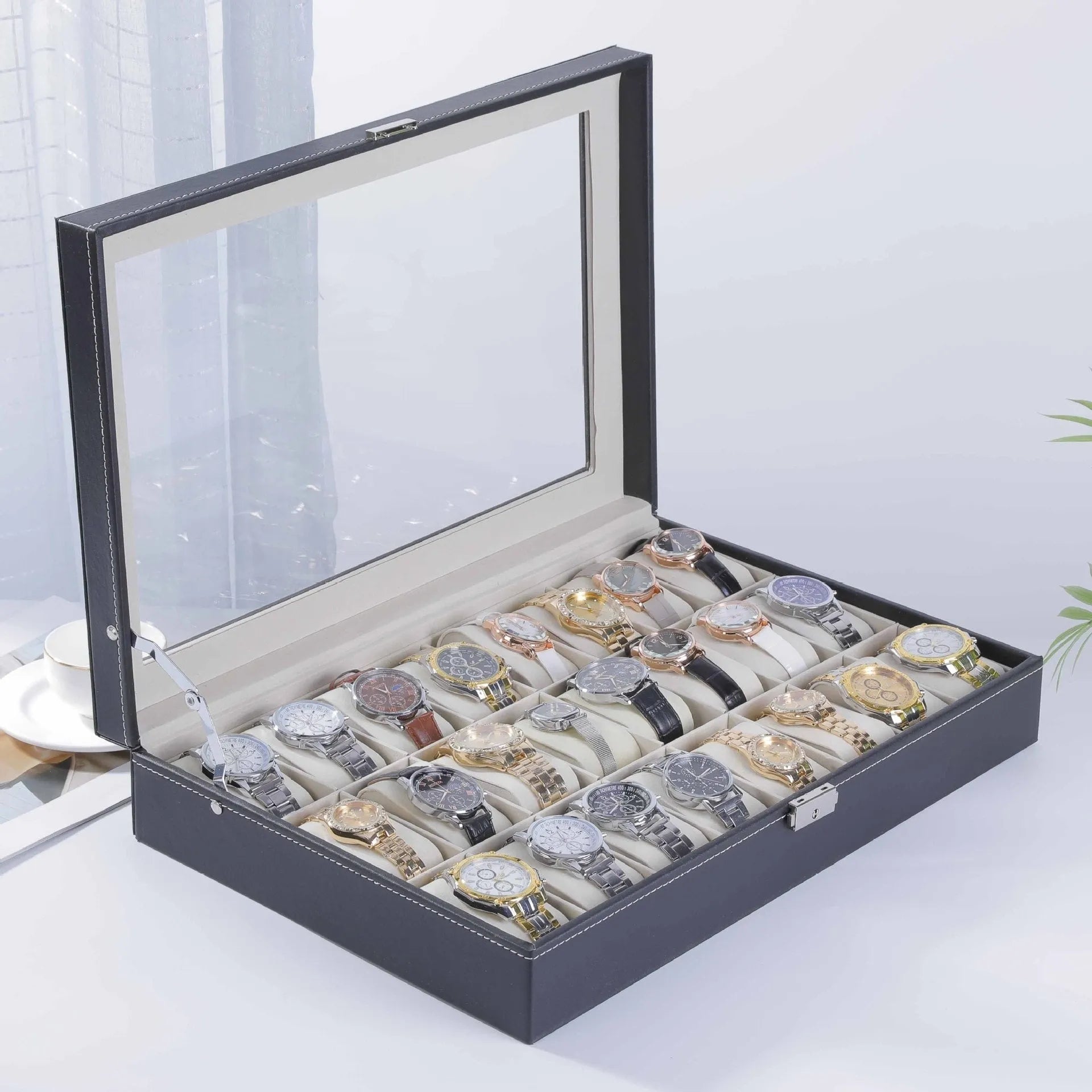 Grey high-grade leather watch storage box with multiple compartments and clear dustproof lids.
