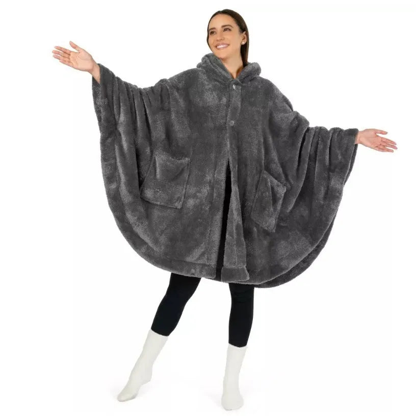 A thick, hooded polyester bathrobe in a cardigan style with long sleeves, shown in a solid colour.