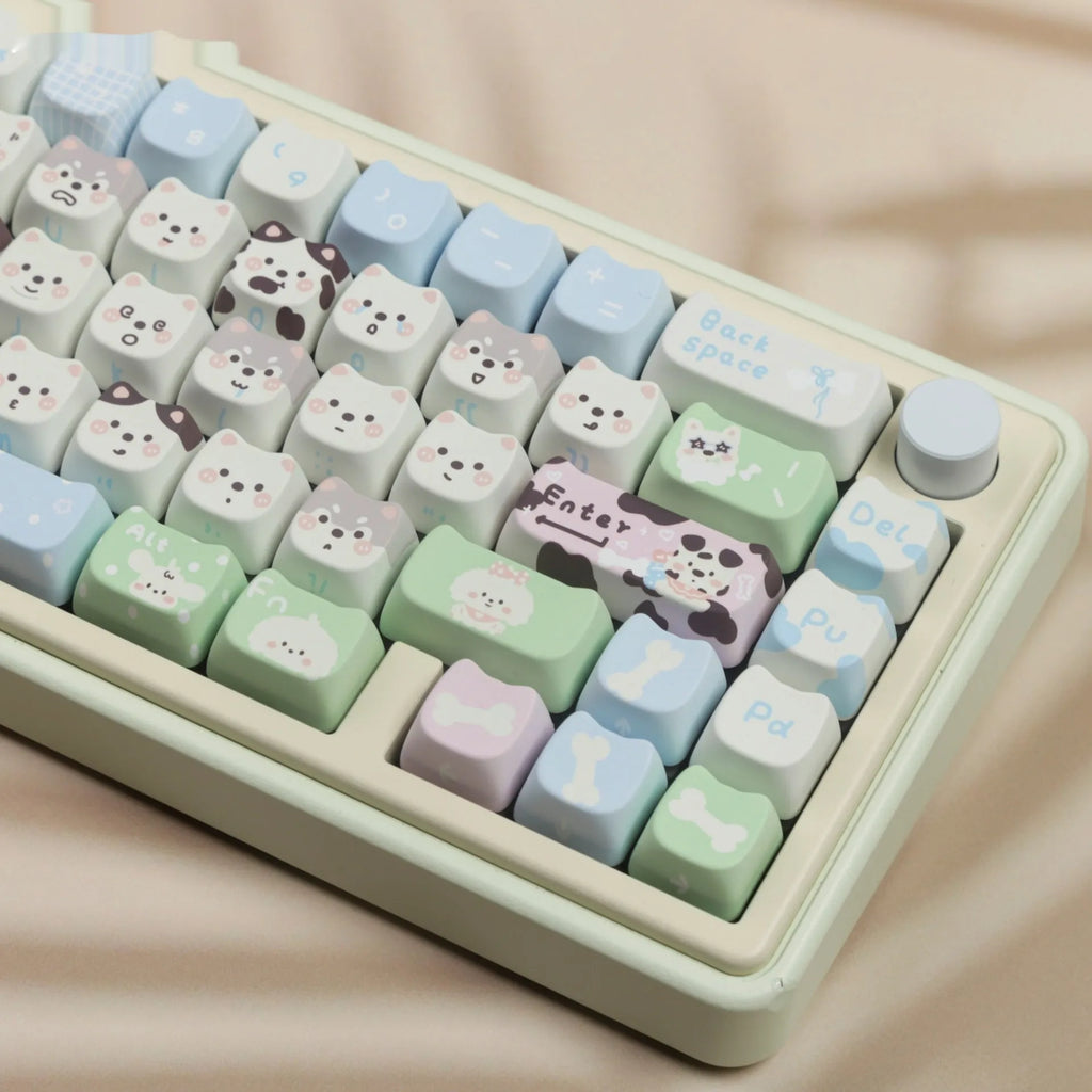 PBT key cap set with colourful cat and puppy sublimation designs for mechanical keyboards