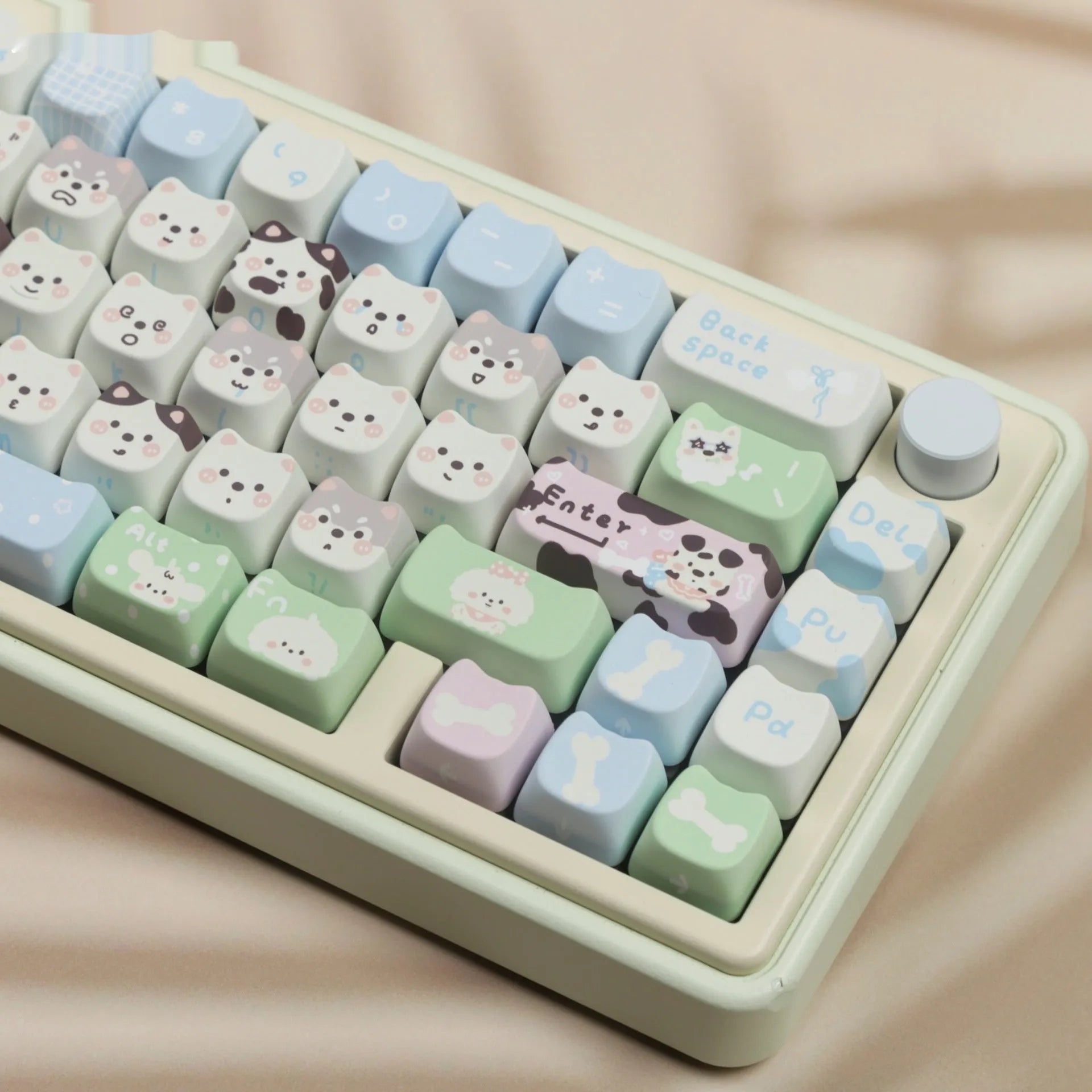 PBT key cap set with colourful cat and puppy sublimation designs for mechanical keyboards