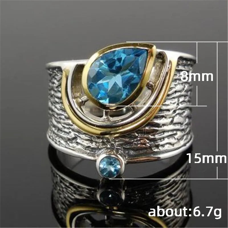 Women's blue Chinese style alloy ring with zircon rhinestones in drop shape design, showing size options 6-10