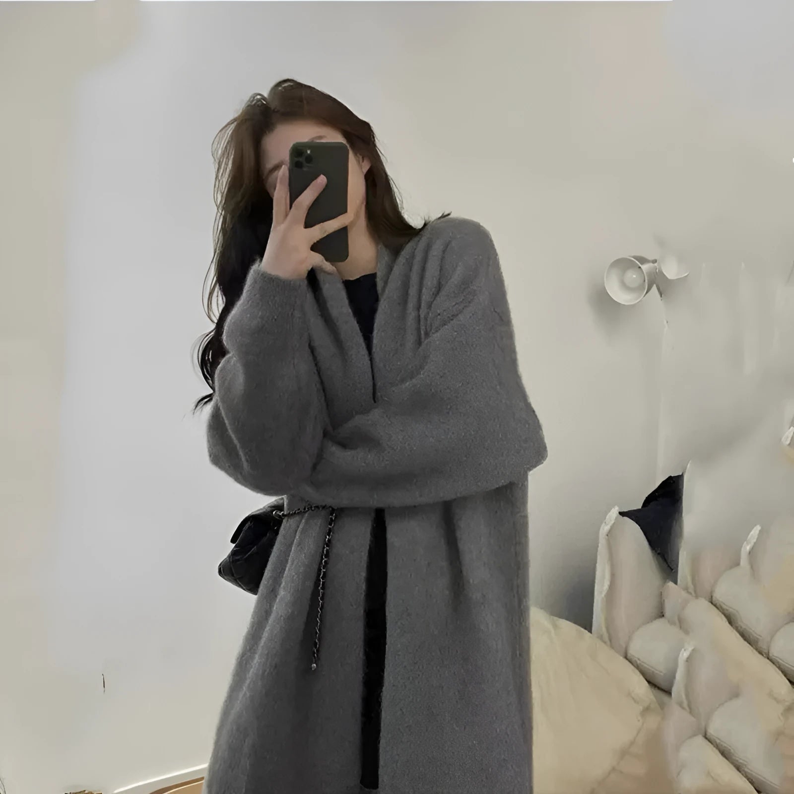 Loose large knitted women's cardigan in chenille fabric, shown in light grey colour