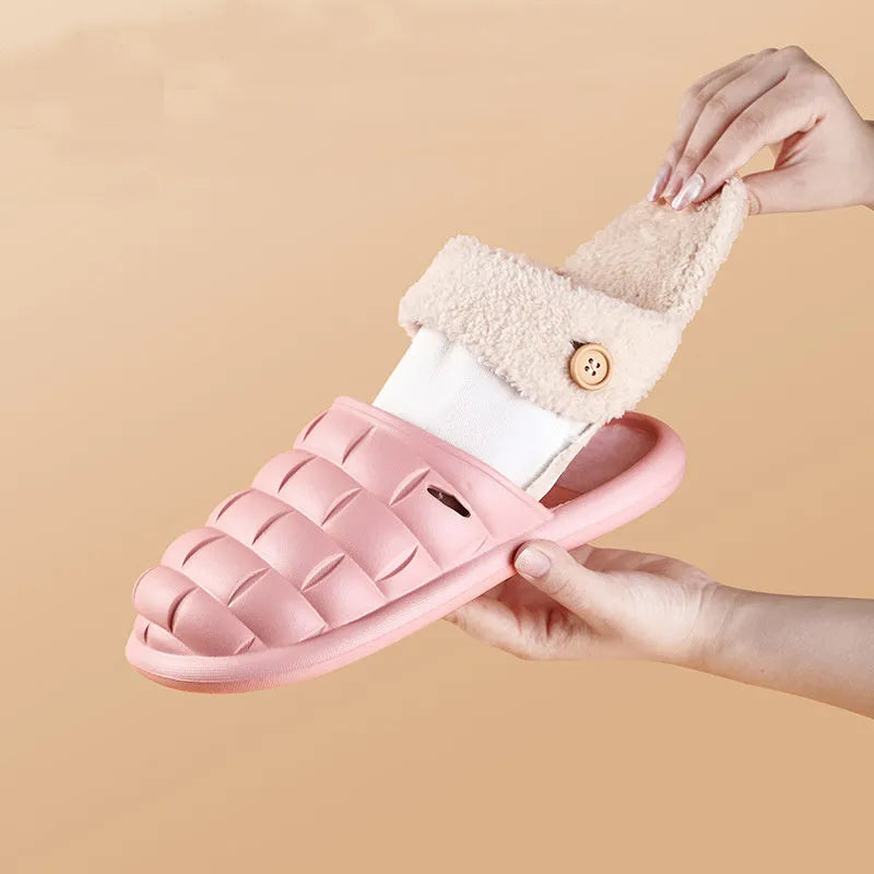 Plaid patterned detachable EVA slippers for women with plush lining and anti-skid sole.