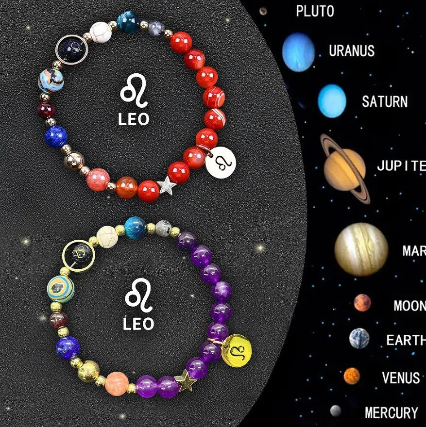Set of two natural stone beaded bracelets featuring zodiac sign designs on an adjustable band.