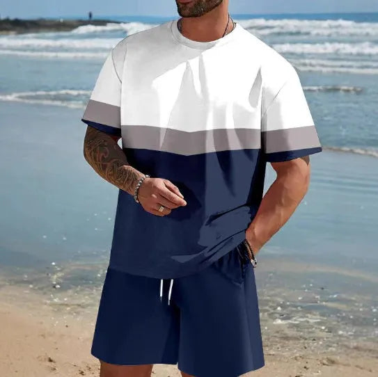 Men's loose fit short-sleeved polyester T-shirt and matching shorts set in a light colour.