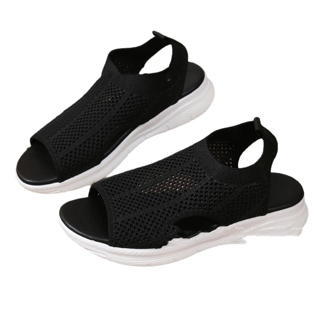 Women's black platform sports sandals with mesh lining and rubber sole