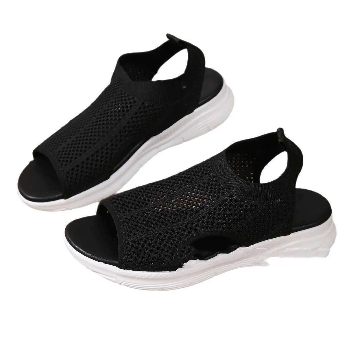 Women's black platform sports sandals with mesh lining and rubber sole