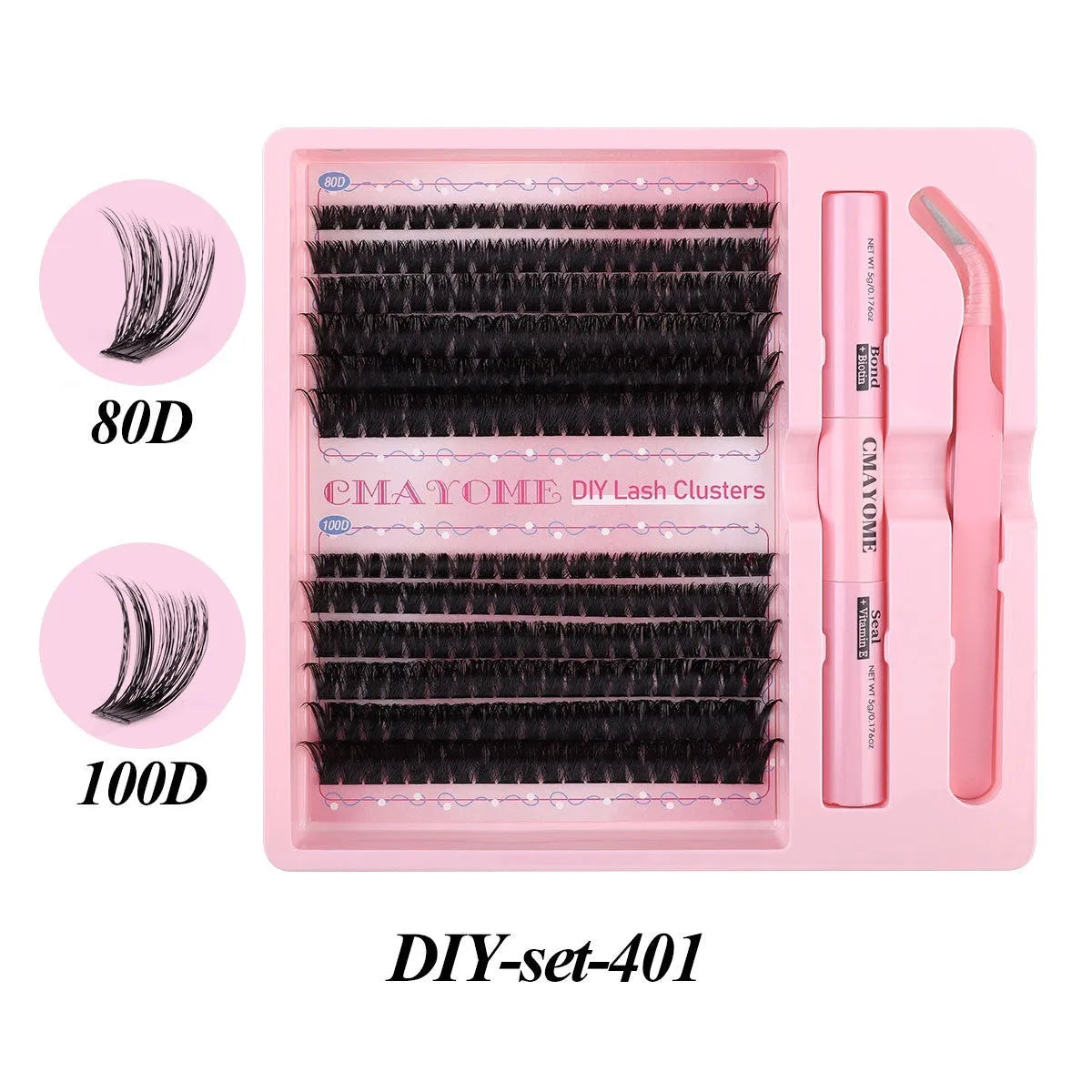 DIY single cluster false eyelashes set with adhesive and applicator tool on a white background.