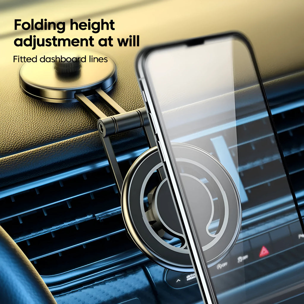 Telescopic folding car phone holder in black or silver, showing magnetic dashboard mount and extended arm.