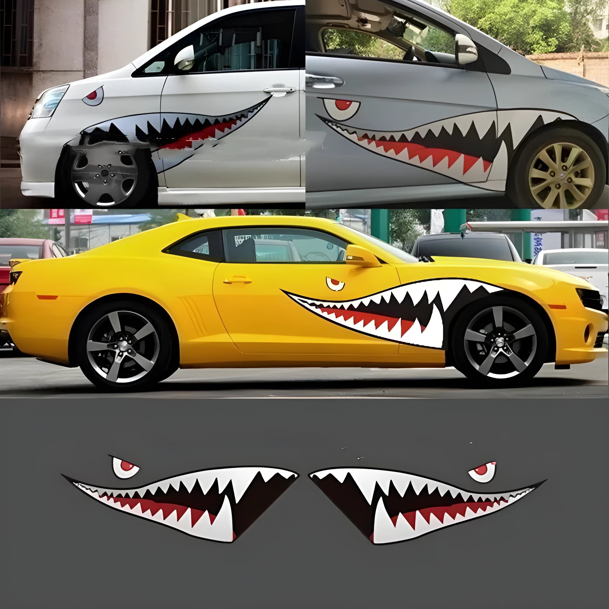 Large shark graphic car body sticker on a vehicle door, available in two style options.