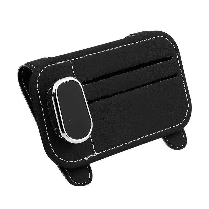 Cowhide leather car sun visor holder with card slots and integrated sunglasses clip.