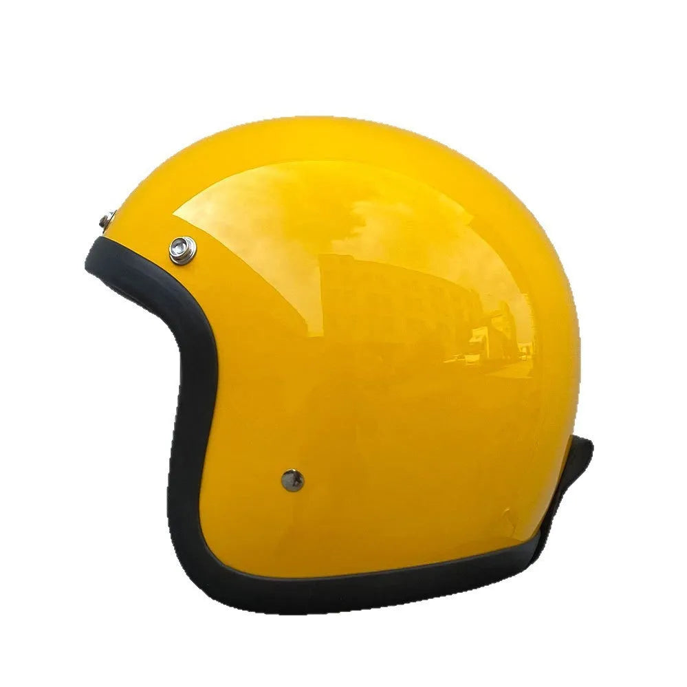 Glass fibre motorcycle half helmet shown in a retro style on a stand.