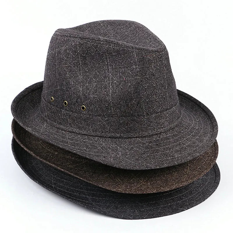 Men's classic fedora hat in suit material showing thickened construction and traditional silhouette