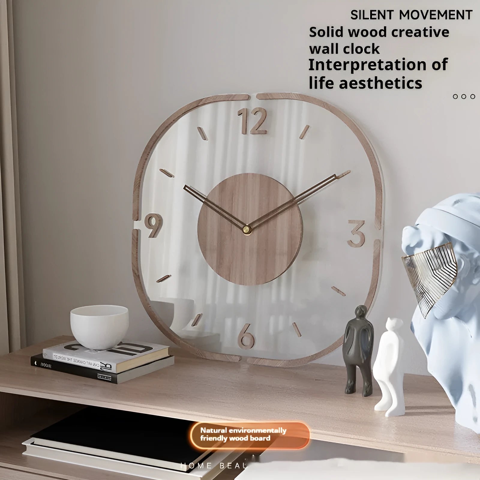 Modern transparent wooden frame wall clock showing 35cm square dimensions on a wall