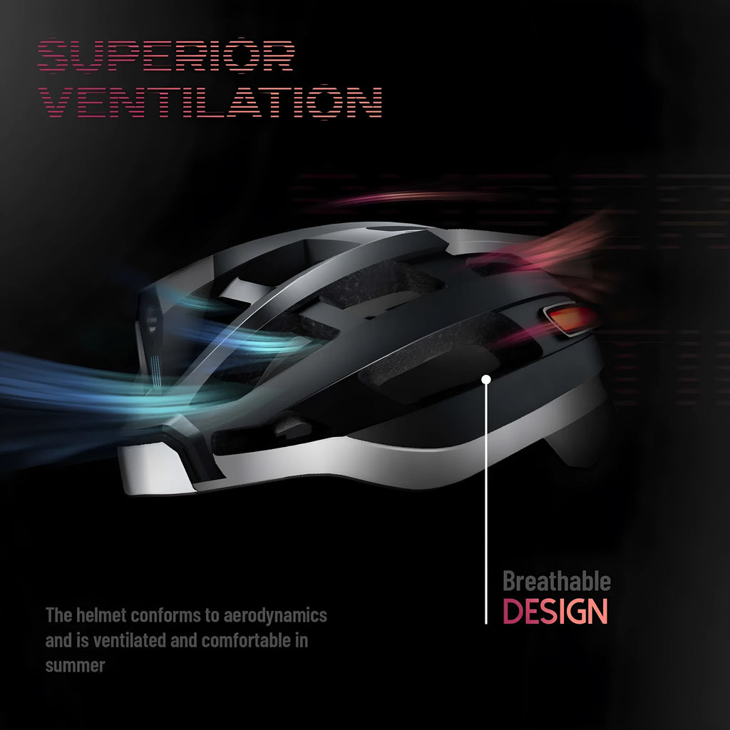 Black and grey smart cycling helmet with integrated LED warning lights on rear and Bluetooth connectivity