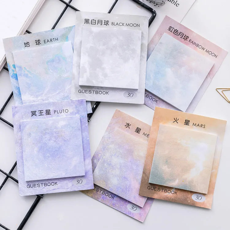 Square planet sticky notes pad with oil painting illustrations of Earth, Mars, and other planets
