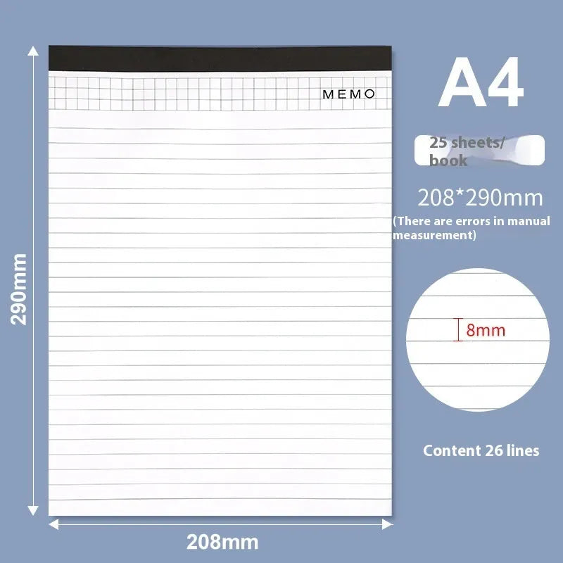 A4 tearable note pad with wireless adhesive binding showing grid and lined format options