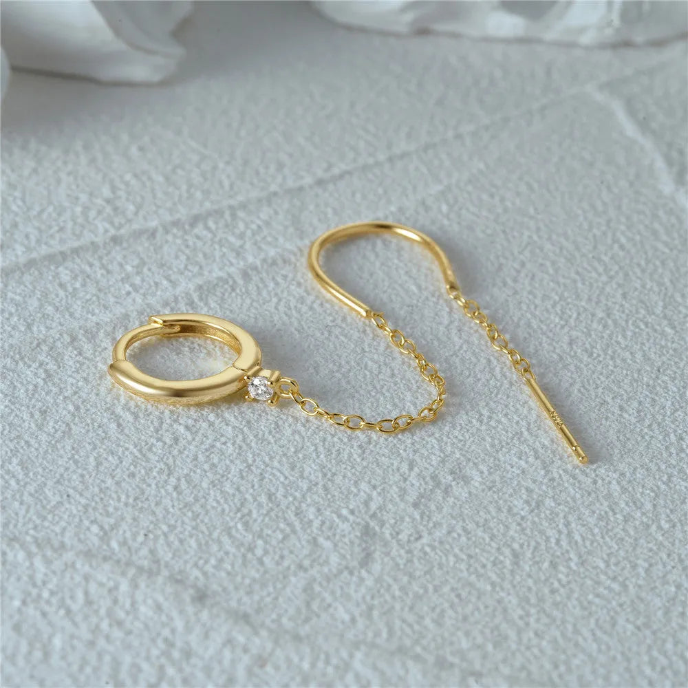 S925 sterling silver geometric ear clip stud earrings with flower and tassel elements in gold electroplated finish