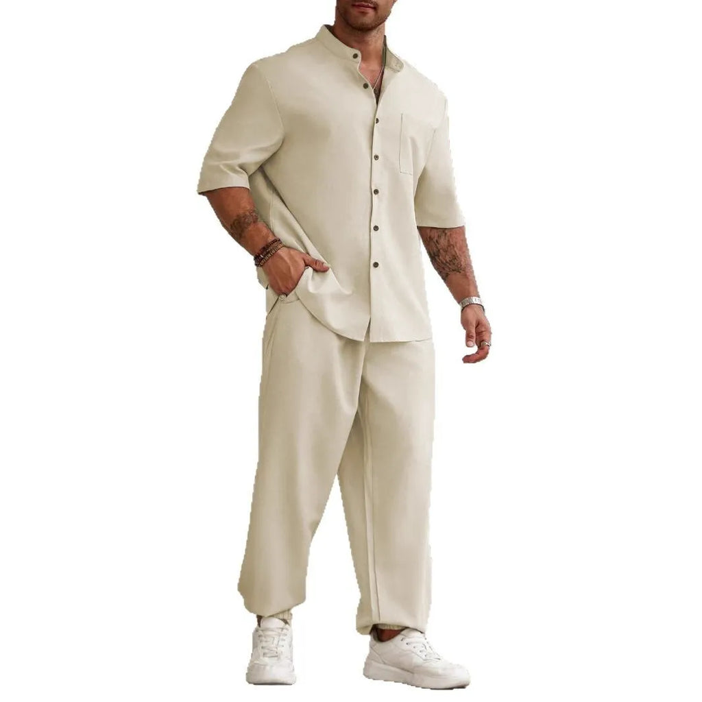 Men's casual cotton linen short-sleeved shirt and trousers set in apricot colour