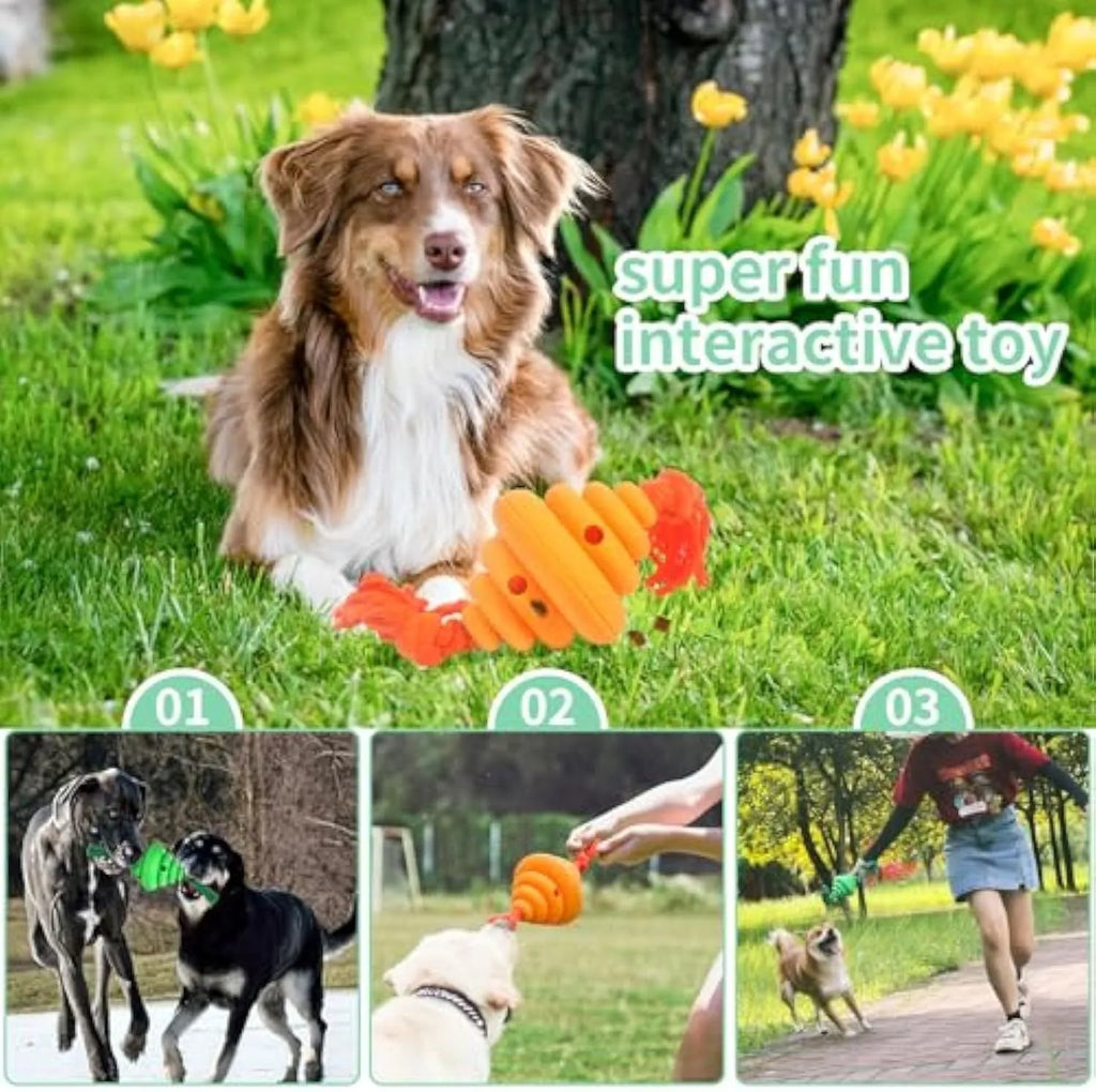 Green and yellow silicone dog ball with attached knot rope toy on grass.