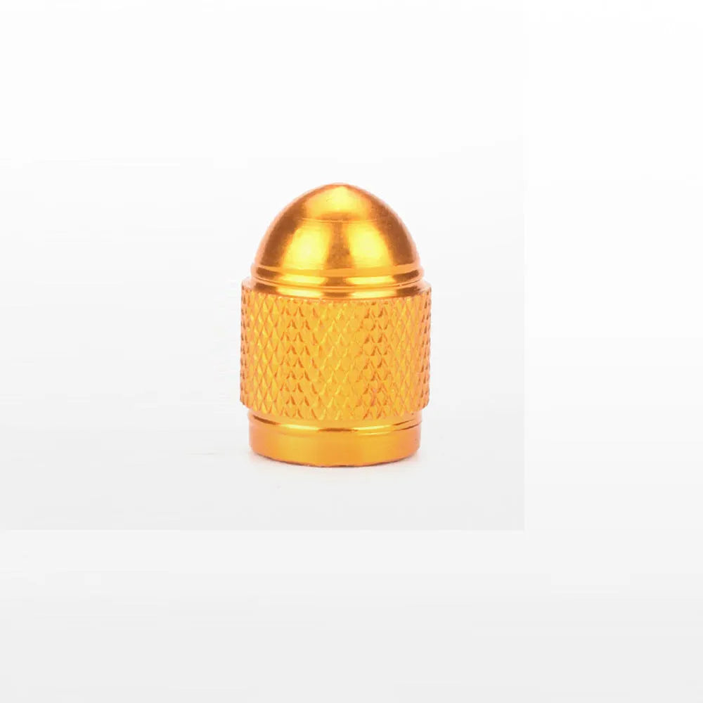 Aluminium alloy mountain bike tyre valve cap shown in gold, red, silver, blue, and black colour options.
