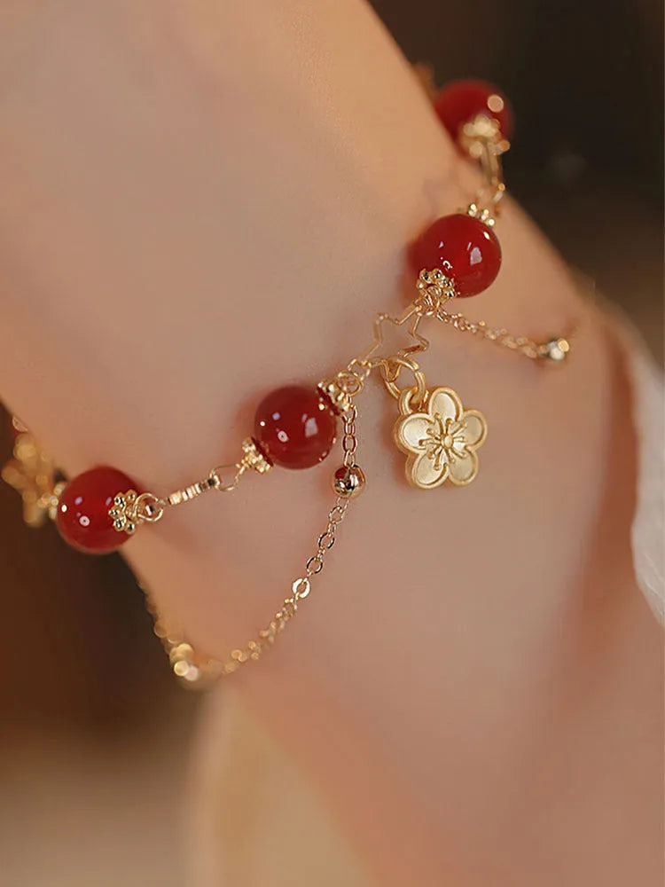 Red agate double layer bracelet with handcrafted peach blossom floral design