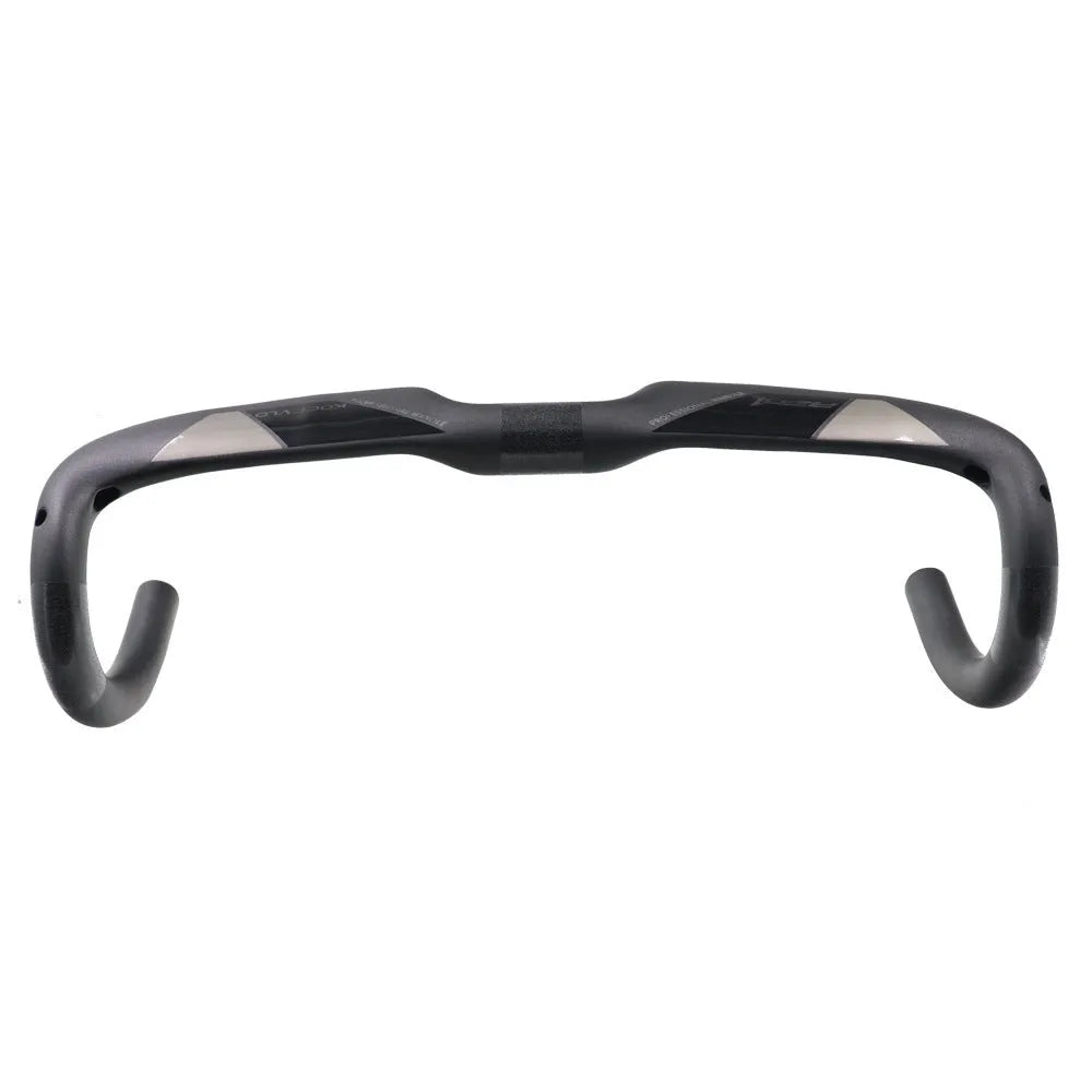 Wei Bike matt carbon fibre bent road bicycle handlebar showing its curved shape.