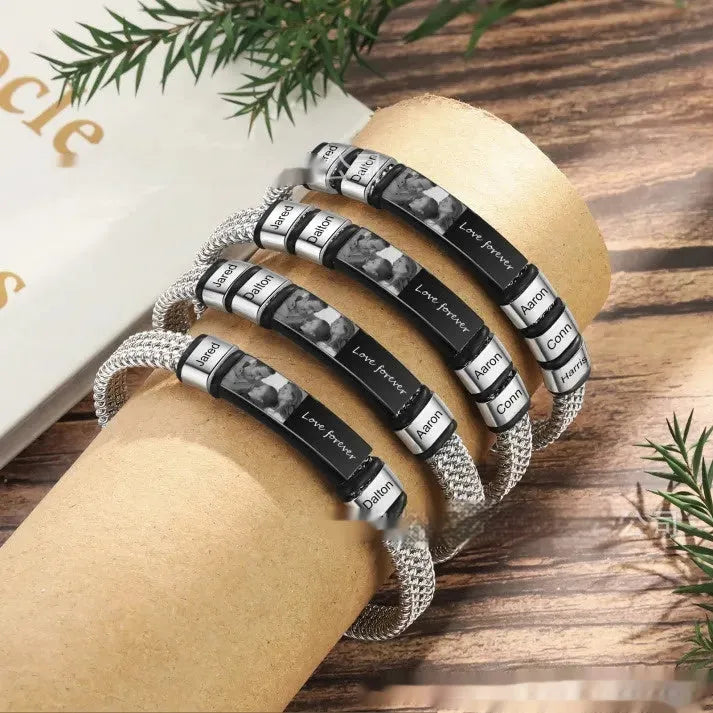 Men's stainless steel lettering bracelet with leather rope cord and heart-shaped beads