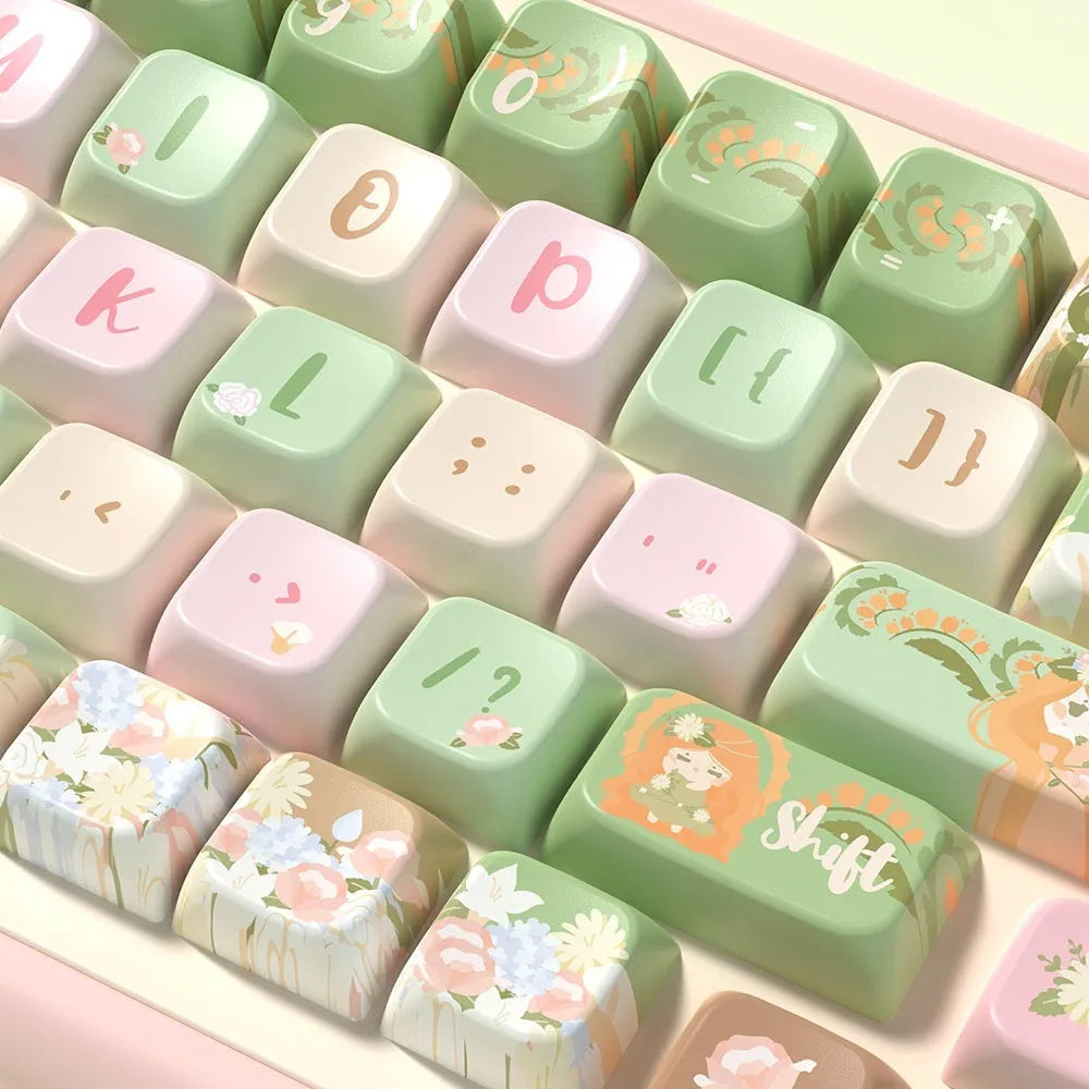 Summer Garden themed mechanical keyboard key cap set showing multiple keys with custom graphics via sublimation printing.