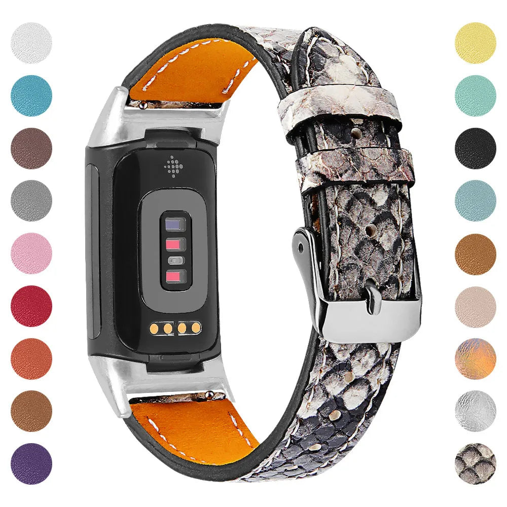 Genuine leather strap for Fitbit Charge 5 and Charge 6 smartwatch in multiple colour options.
