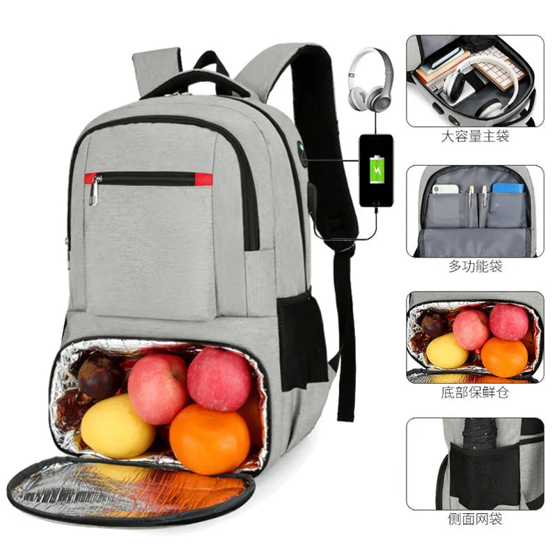 Oxford cloth insulated backpack shown in light grey, featuring curved shoulder straps and a pull-rod belt accessory.