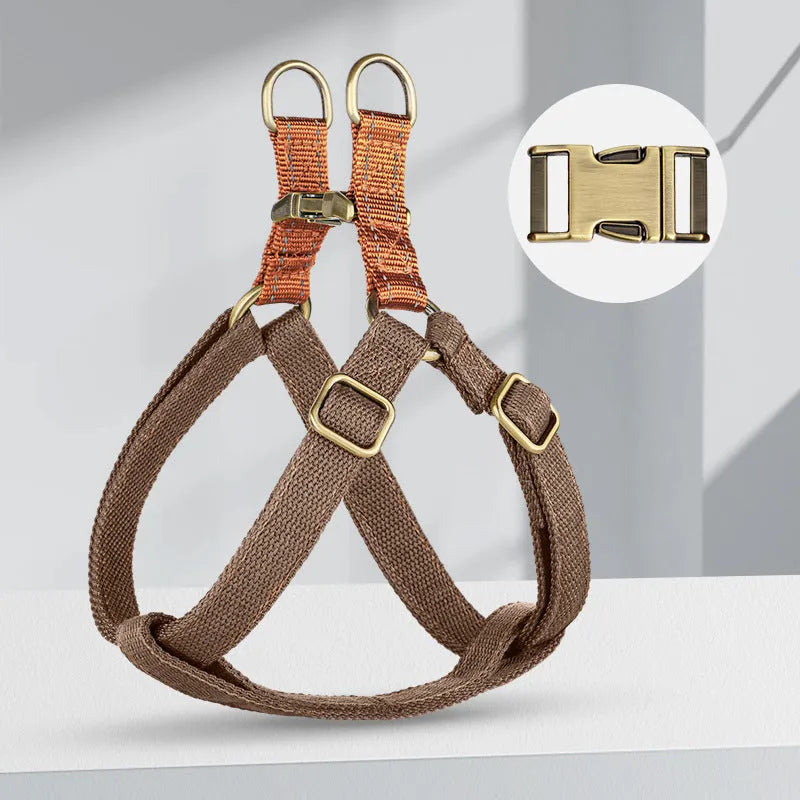 Brown vest-style dog leash with adjustable cotton chest harness and nylon lead for small dogs