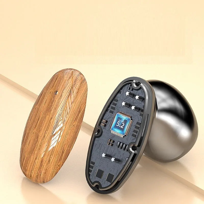 M35 wood grain Bluetooth wireless earphones with charging case on display