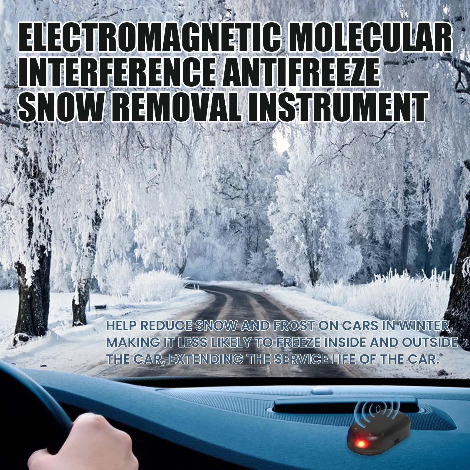 A black handheld car de-icer tool for melting snow and ice on windscreens.