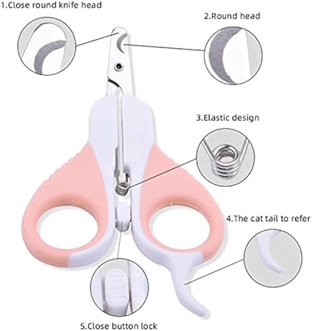 Cat nail clippers with angled stainless steel blade and safety lock in grey or pink