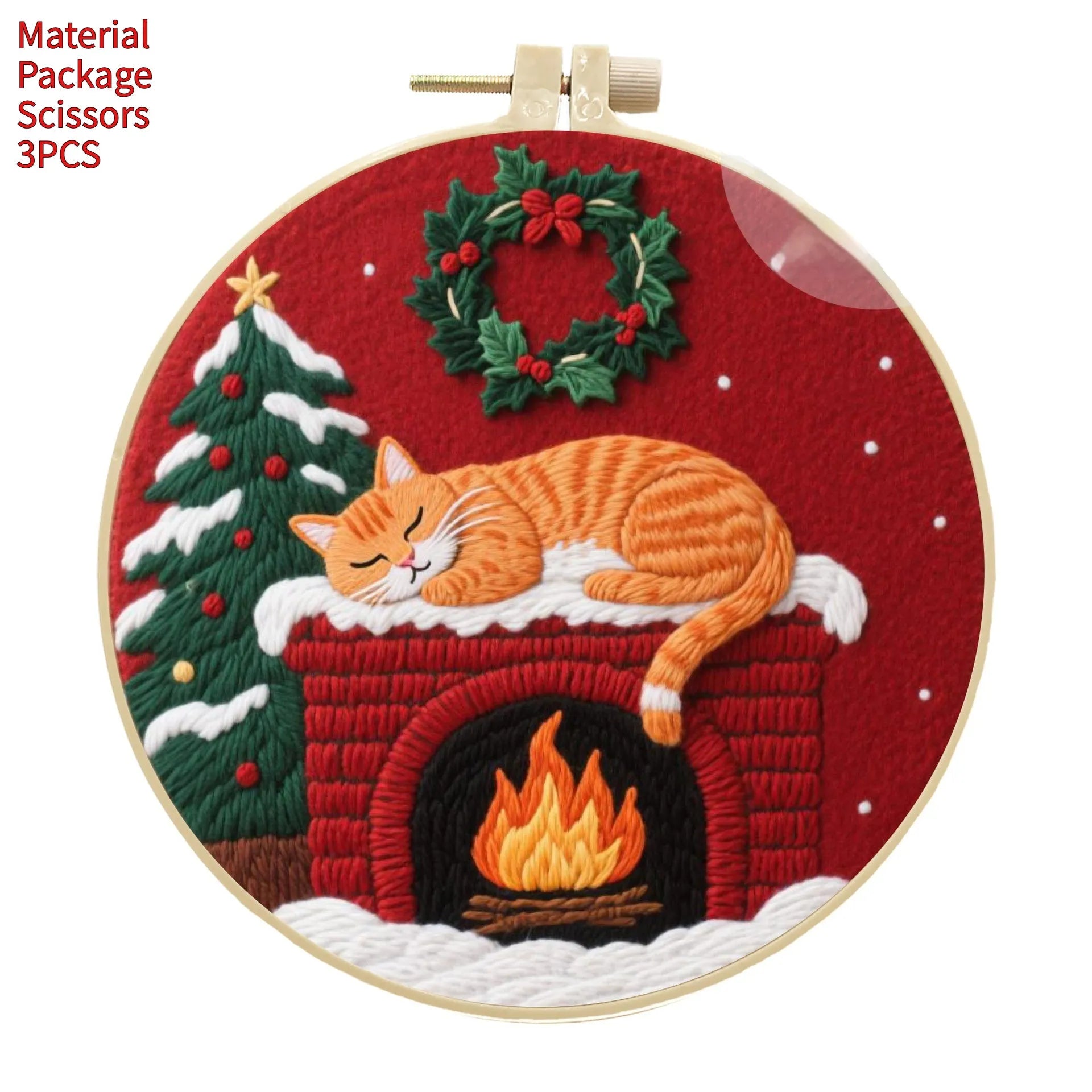 Embroidery material kit with cotton linen fabric featuring autumn fruit design, imitation bamboo hoop, and scissors.