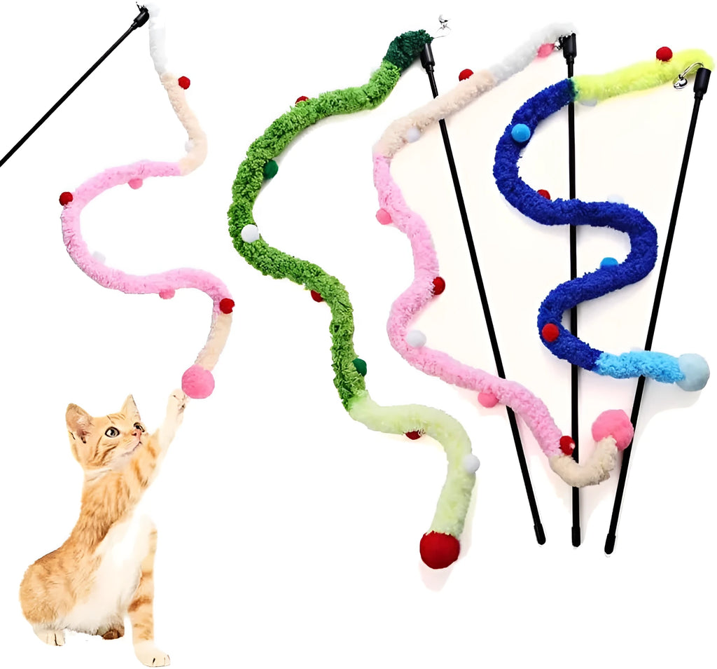 Blue cat wand toy with 41cm pole, 60cm plush strip, and colourful fluffy ball with bells