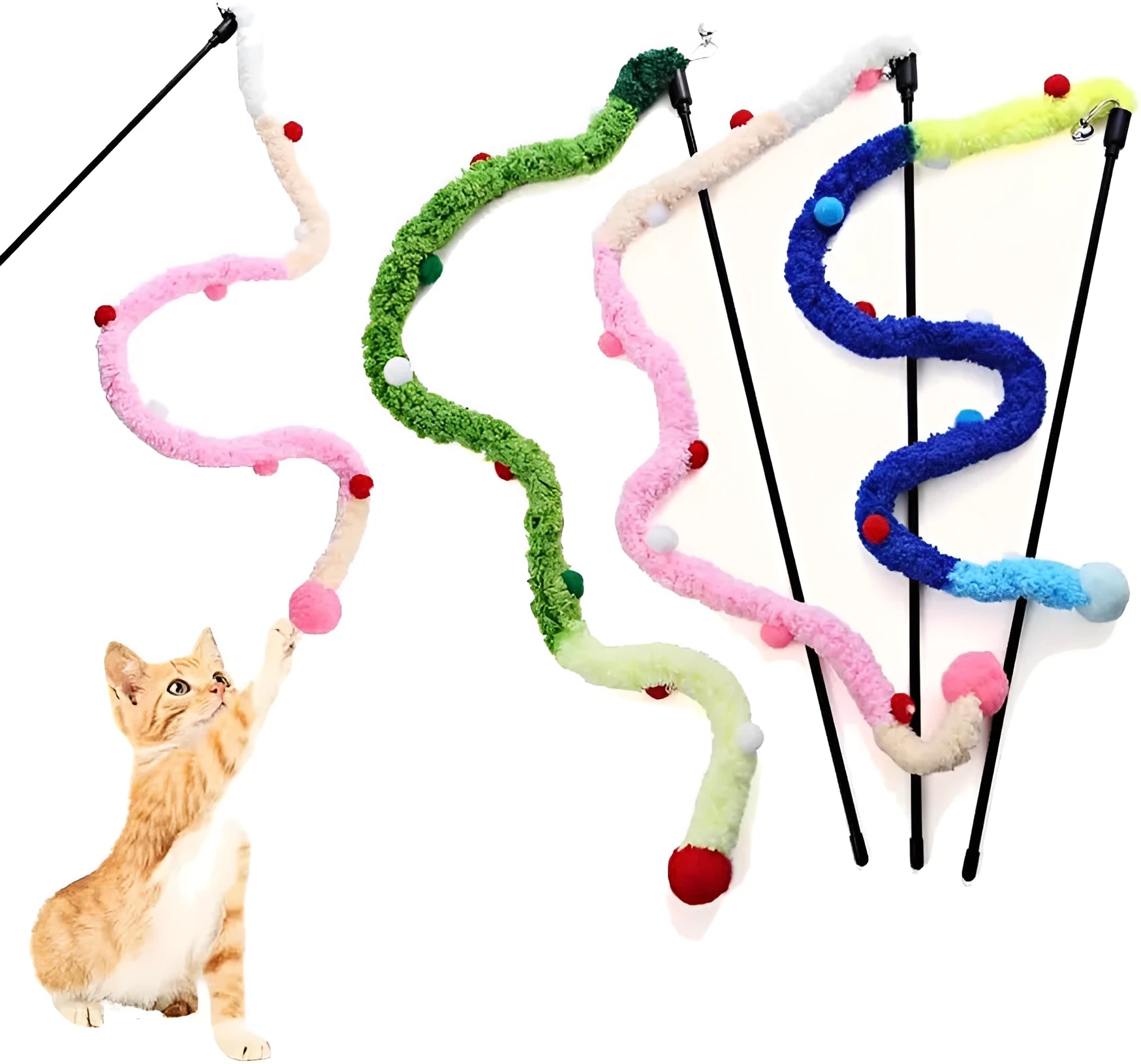 Blue cat wand toy with 41cm pole, 60cm plush strip, and colourful fluffy ball with bells