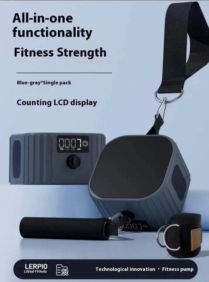 Multi-functional fitness tensioner with adjustable resistance dial showing 2-20kg range in blue grey colour