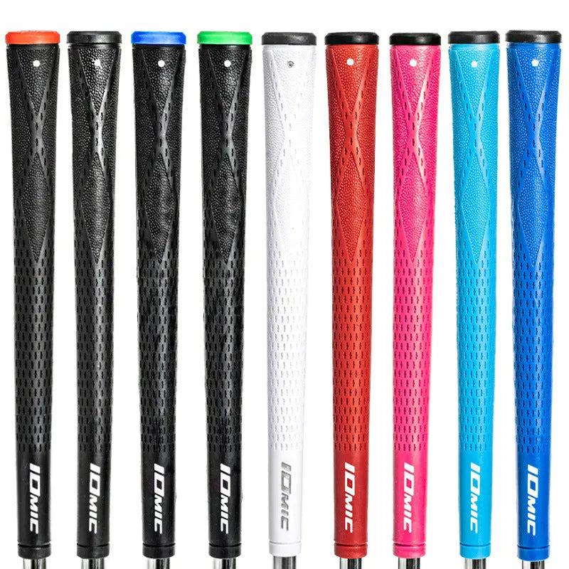 TPE golf club grip showing colour options including pink, red, blue, white, and black variations