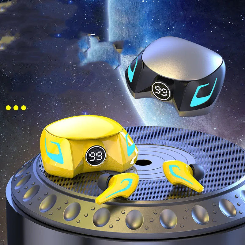 Wireless Bluetooth 5.0 gaming earbuds with battery display in black grey and yellow colours