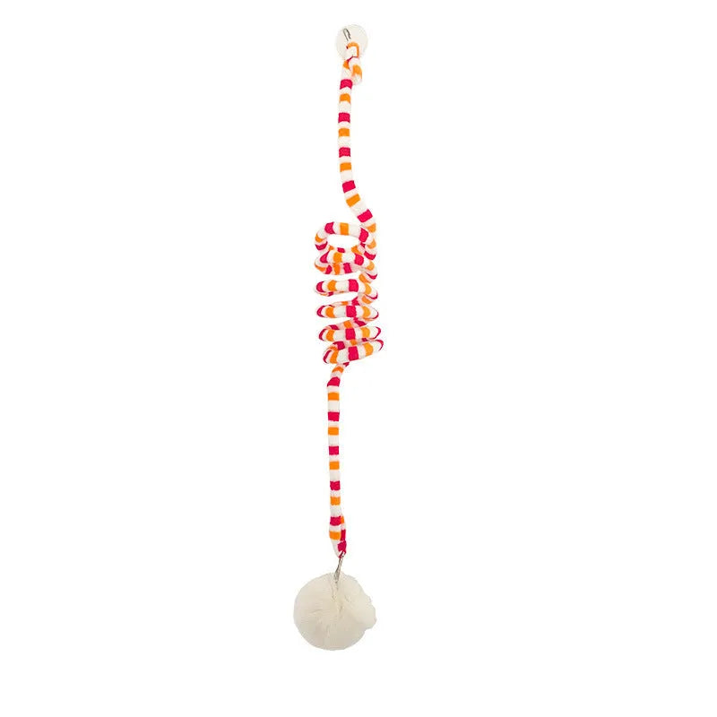 Hanging cat toy with inflatable ball on spring stick and suction cup base for kittens
