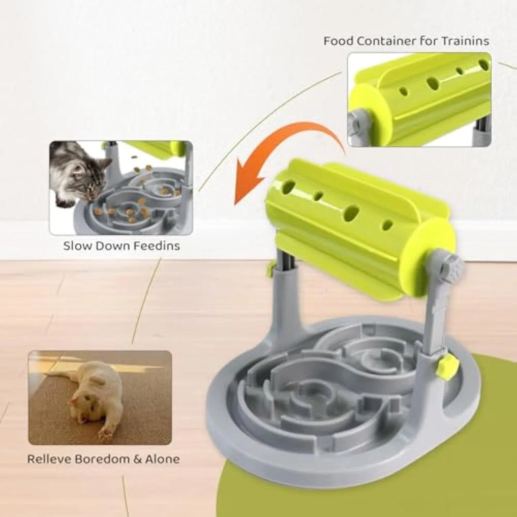 Blue interactive slow feeder bowl for dogs and cats with adjustable height and raised patterns