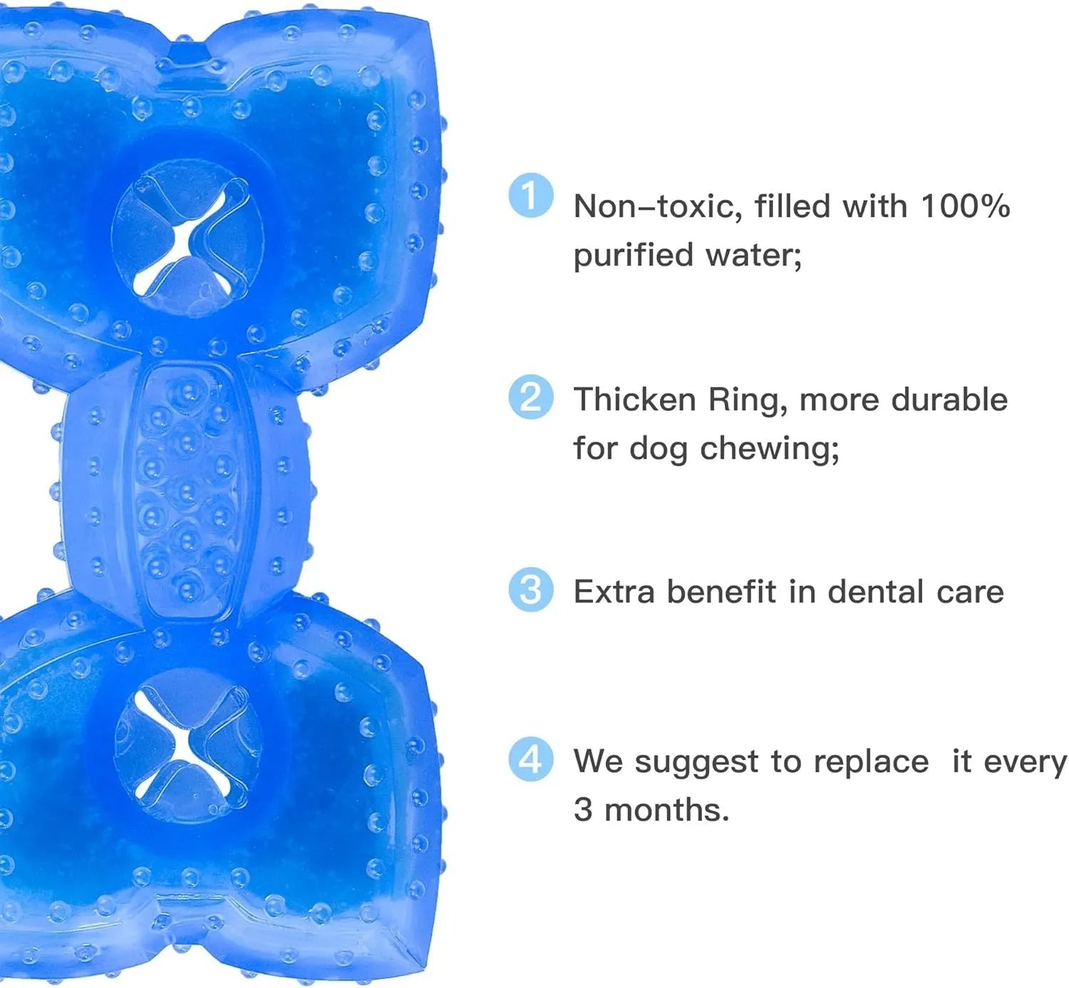 Freezable non-toxic dog chew toy in bone and circle shapes for teething and cooling.